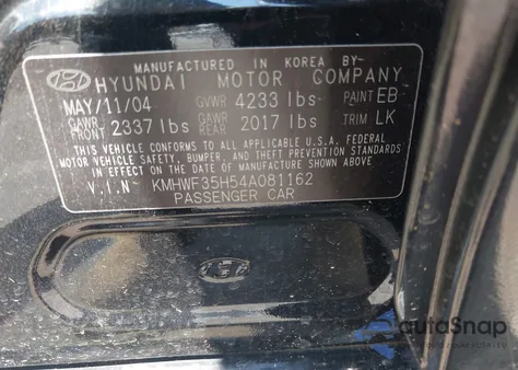 2004 Hyundai Sonata Gls/Lx from USA, damaged, VIN KMHWF35H54A081162